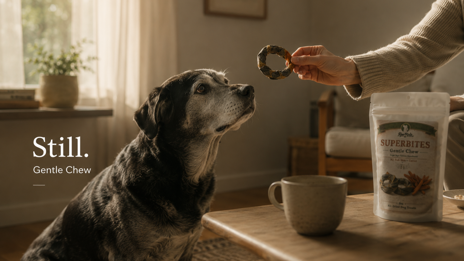 A dog sitting at a table looking at a treat held above its nose by a person. The table has a pouch of dog treats and a mug. A window with curtains and a potted plant are in the background.