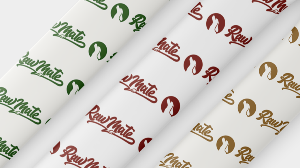Slices of paper with logo and text 'Raw Mate' in green, red, and brown colors.