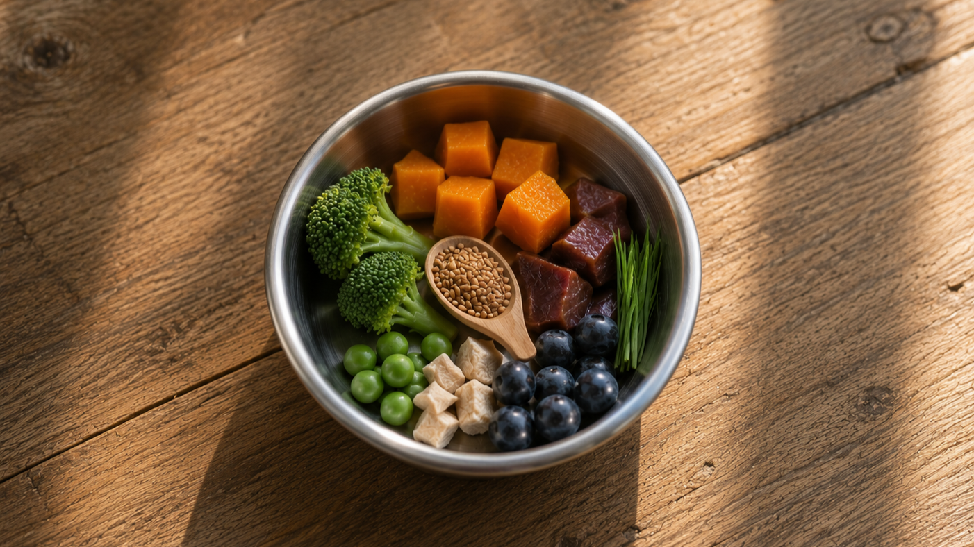 A metal bowl filled with cubed orange butternut squash, cubed dark red tuna, fresh broccoli florets, green peas, a small wooden spoon with sesame seeds, a few hyacinth beans, blueberries, and green chives on a wooden surface.