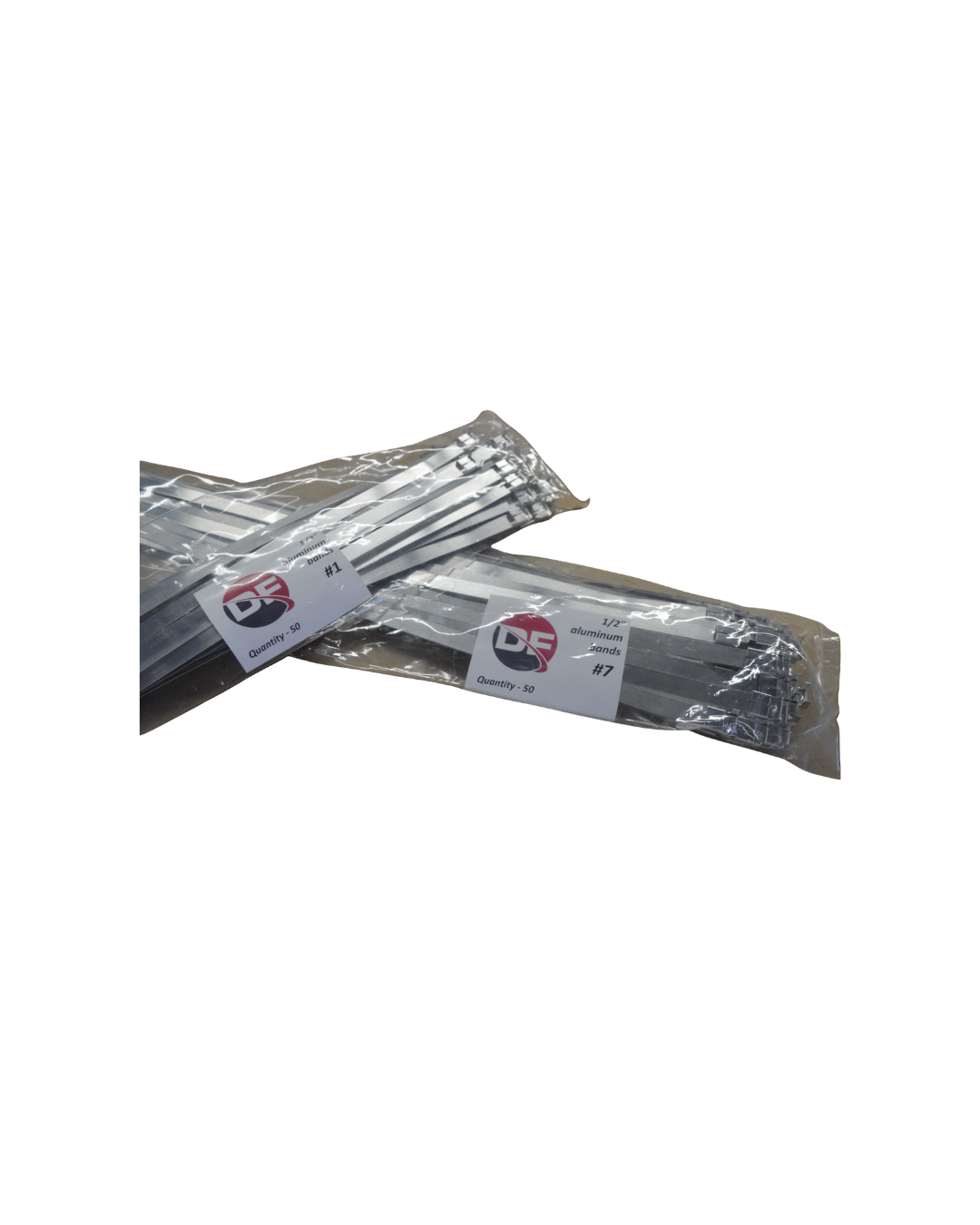 Two packages of aluminum bands, each containing 50 bands. One package has #1 bands, and the other has 1/2 inch bands, both labeled with a brand logo.