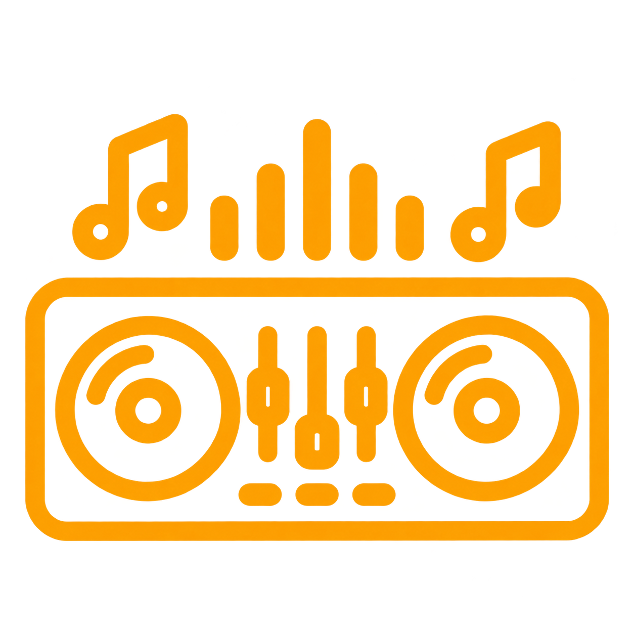 Orange music production icon featuring musical notes, audio sliders, and stereo speakers