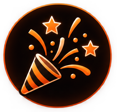 Orange and black party celebration icon with striped party hat, stars, confetti, and streamers