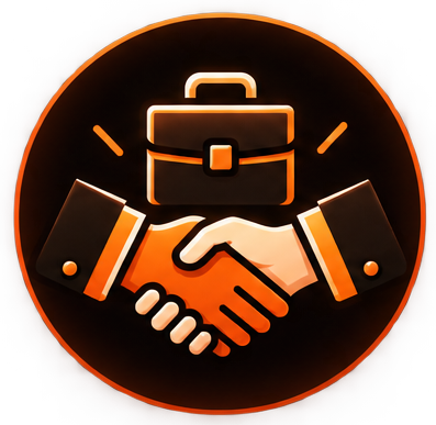 Orange and black business partnership icon featuring a briefcase and handshake inside a circular border