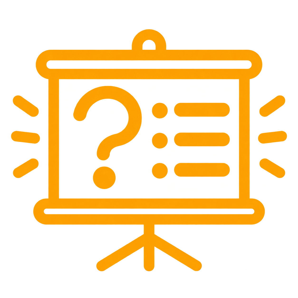 Orange presentation board icon displaying a question mark, bullet points, and decorative rays