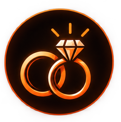 Glowing orange wedding rings with a diamond inside a circular border