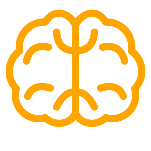 Orange outline icon of a human brain on a black background