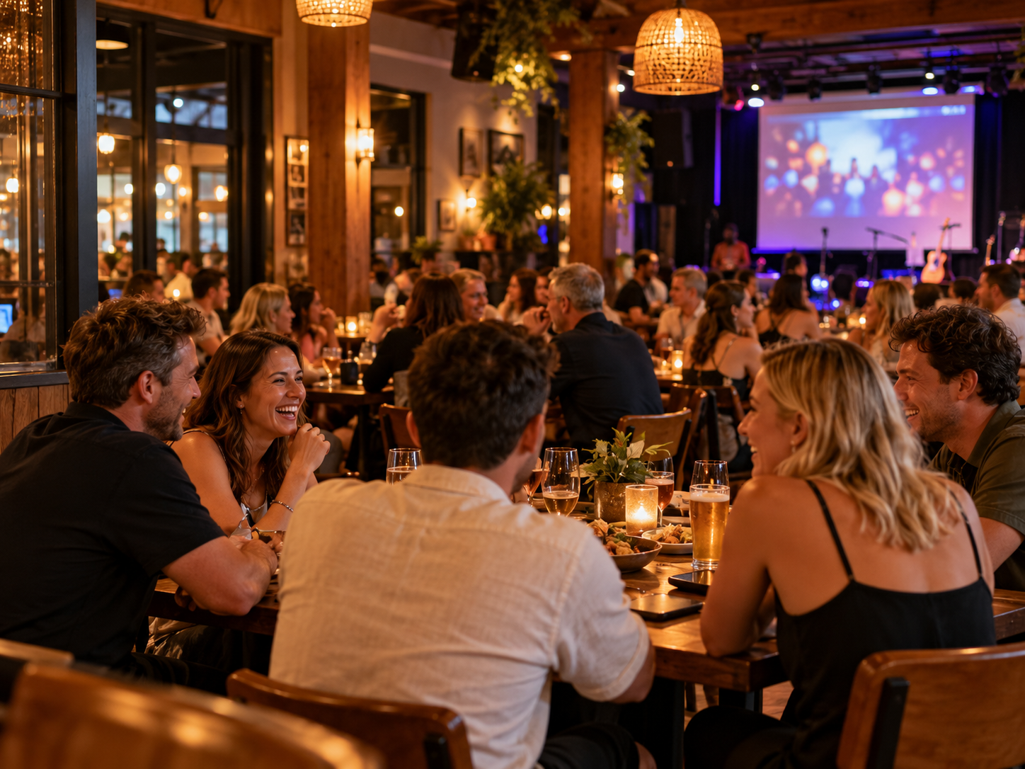 Patrons enjoying a busy pub atmosphere with tables, televisions and casual dining