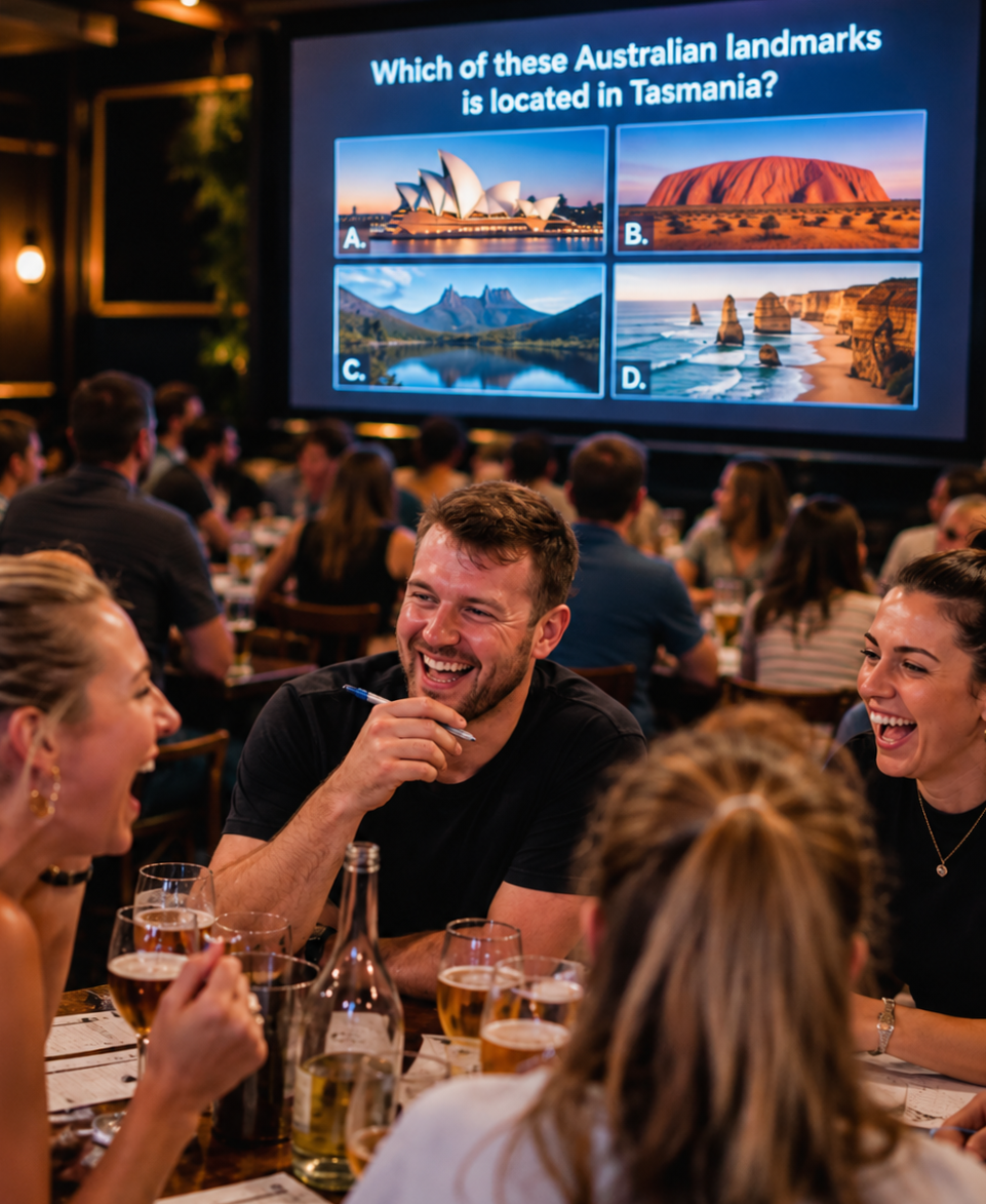 Guests enjoying an interactive pub trivia night with Australian landmarks displayed on a screen