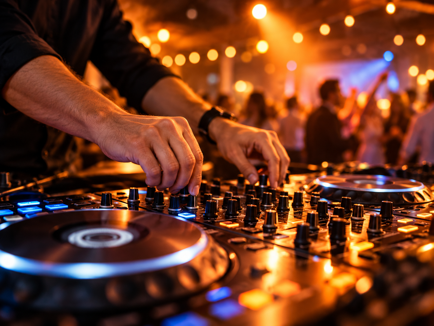 DJ performing on a mixing controller under warm stage lighting