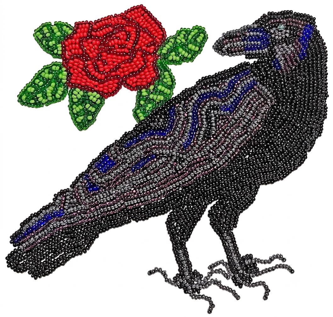 Beaded artwork of a black raven with blue and purple accents, and a red rose with green leaves.