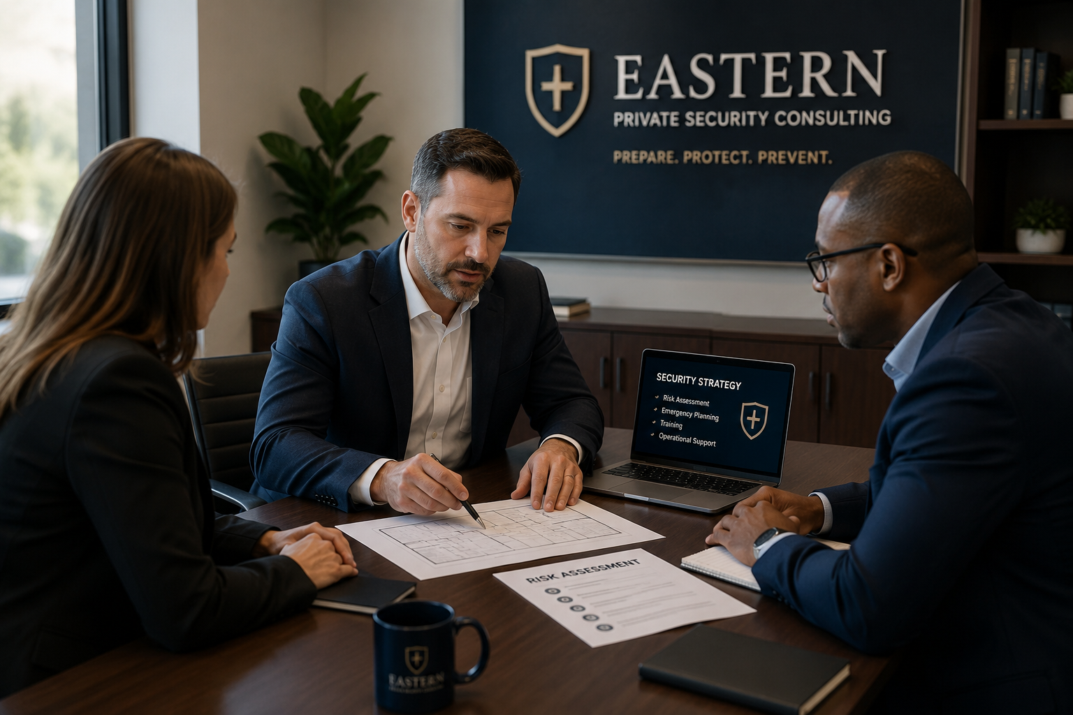 Professional security consultant meeting with organizational leaders to discuss risk assessment and security planning.