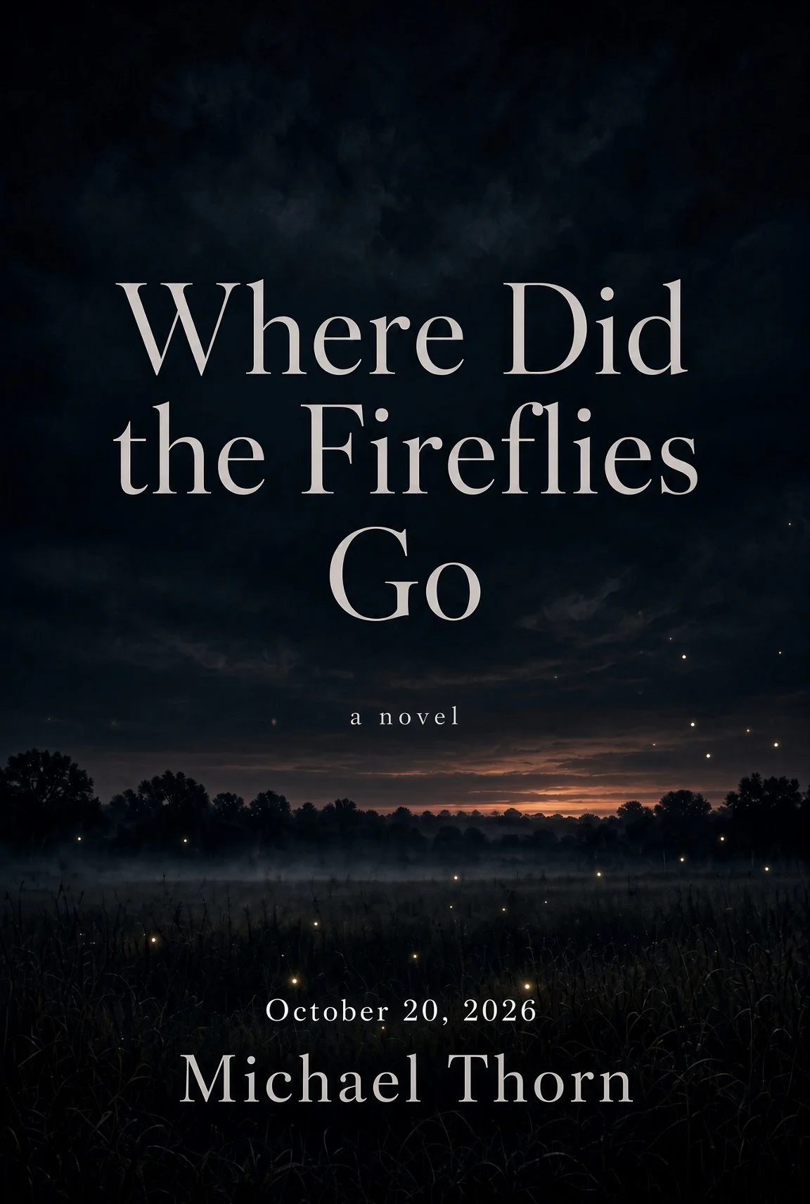 Where Did the Fireflies Go, a novel by Michael Thorn, October 20, 2026Book cover with dark, cloudy sky and silhouette of trees and grass at dusk, titled 'Where Did the Fireflies Go', by Michael Thorn, dated October 20, 2026.