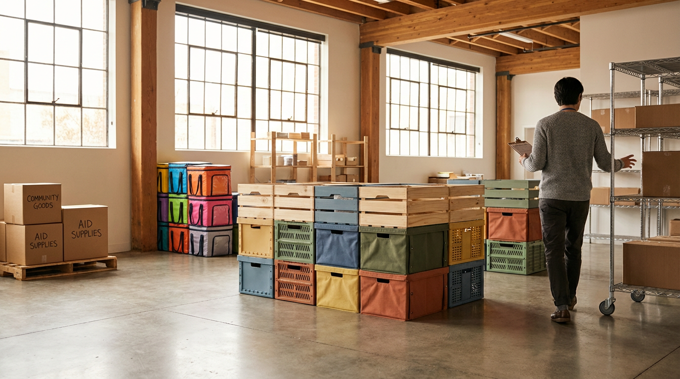 A man in a gray sweater and dark pants walking in a spacious room with large windows, stacking colorful storage bins and moving boxes labeled "Community Goods" and "Aid Supplies."