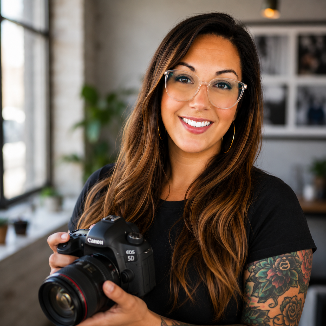 Smiling woman with long brown hair and tattoos holding a Canon EOS 5D camera in a bright indoor space.