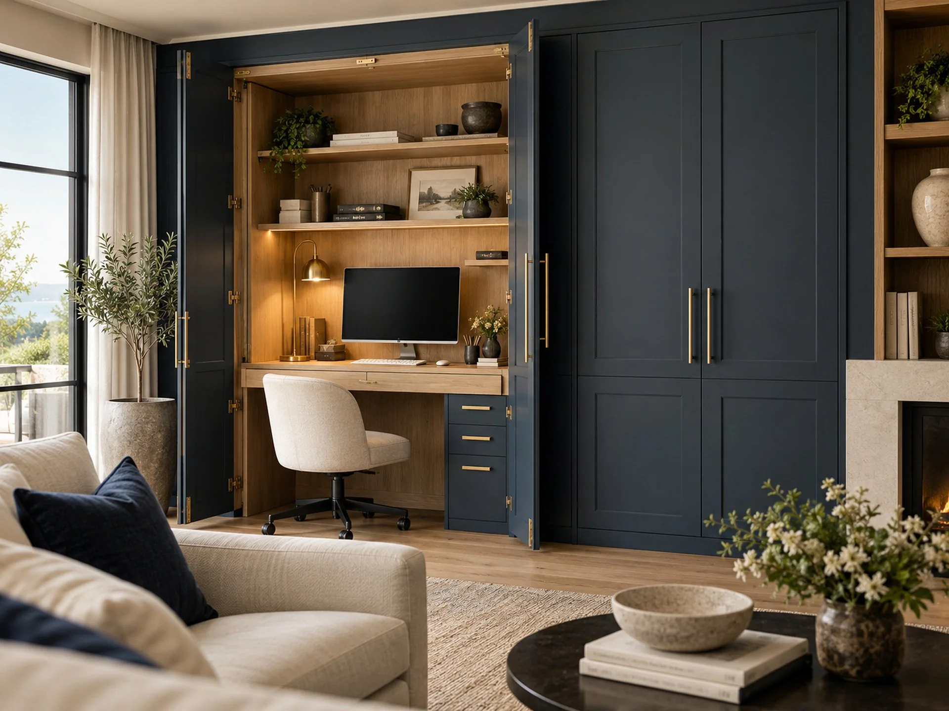 luxury custom home office with hidden desk space