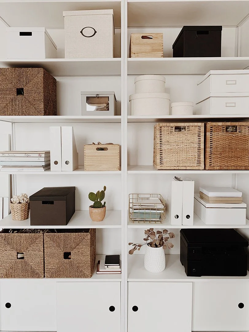 white custom home office cabinet shelving