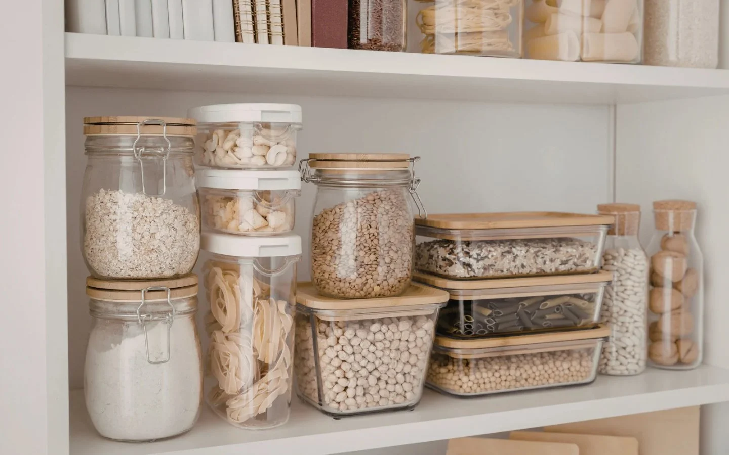 organized kitchen pantry with clear containers