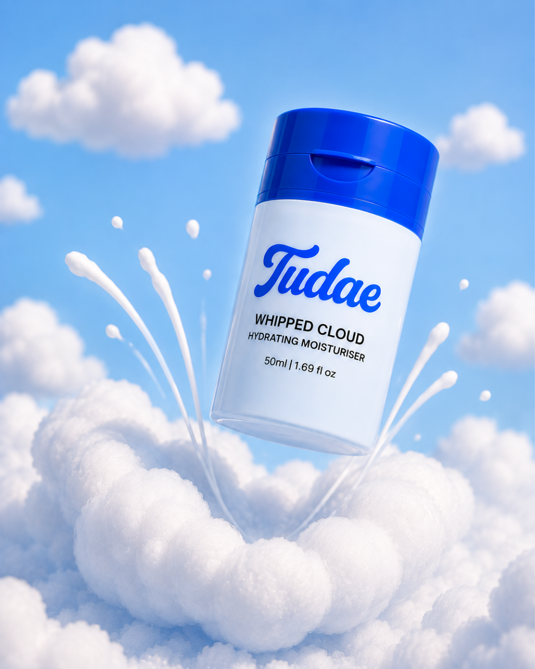 A white and blue container of Tudue Whipped Cloud hydrating moisturizer on a purple background.