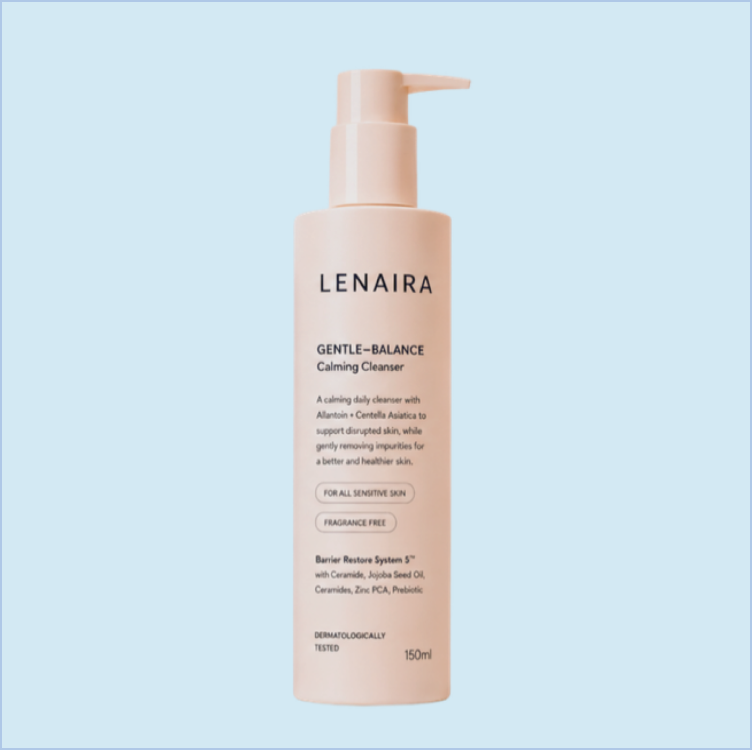 Pink bottle of LENAIRA Gentle Balance calming cleanser with a pump dispenser, set against a light blue background.