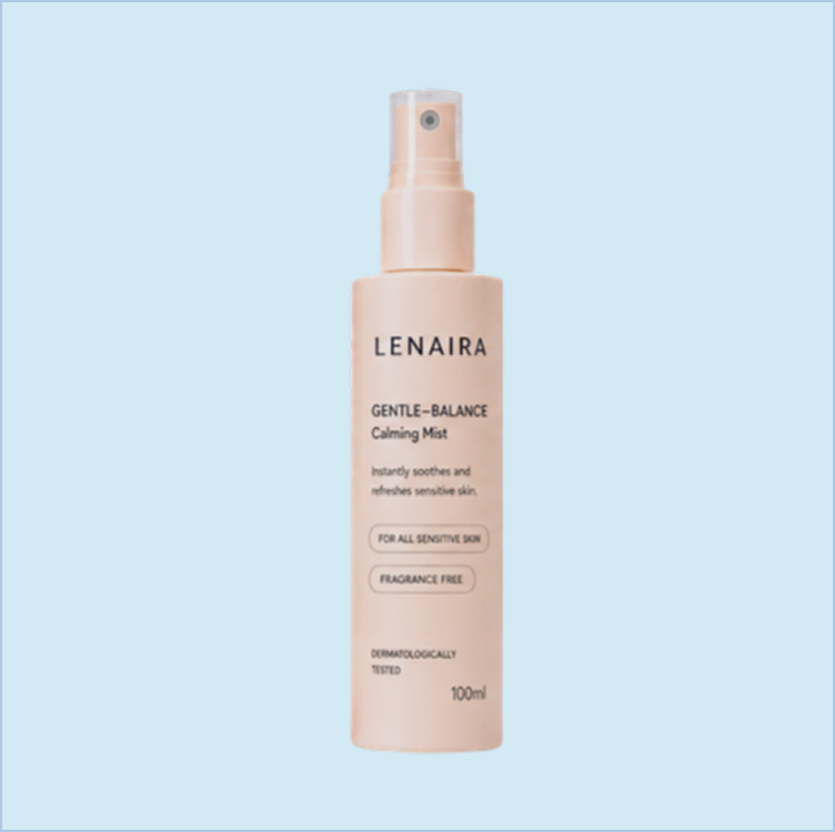 A bottle of Lenaire Gentle-Balance Calming Mist on a light blue background.