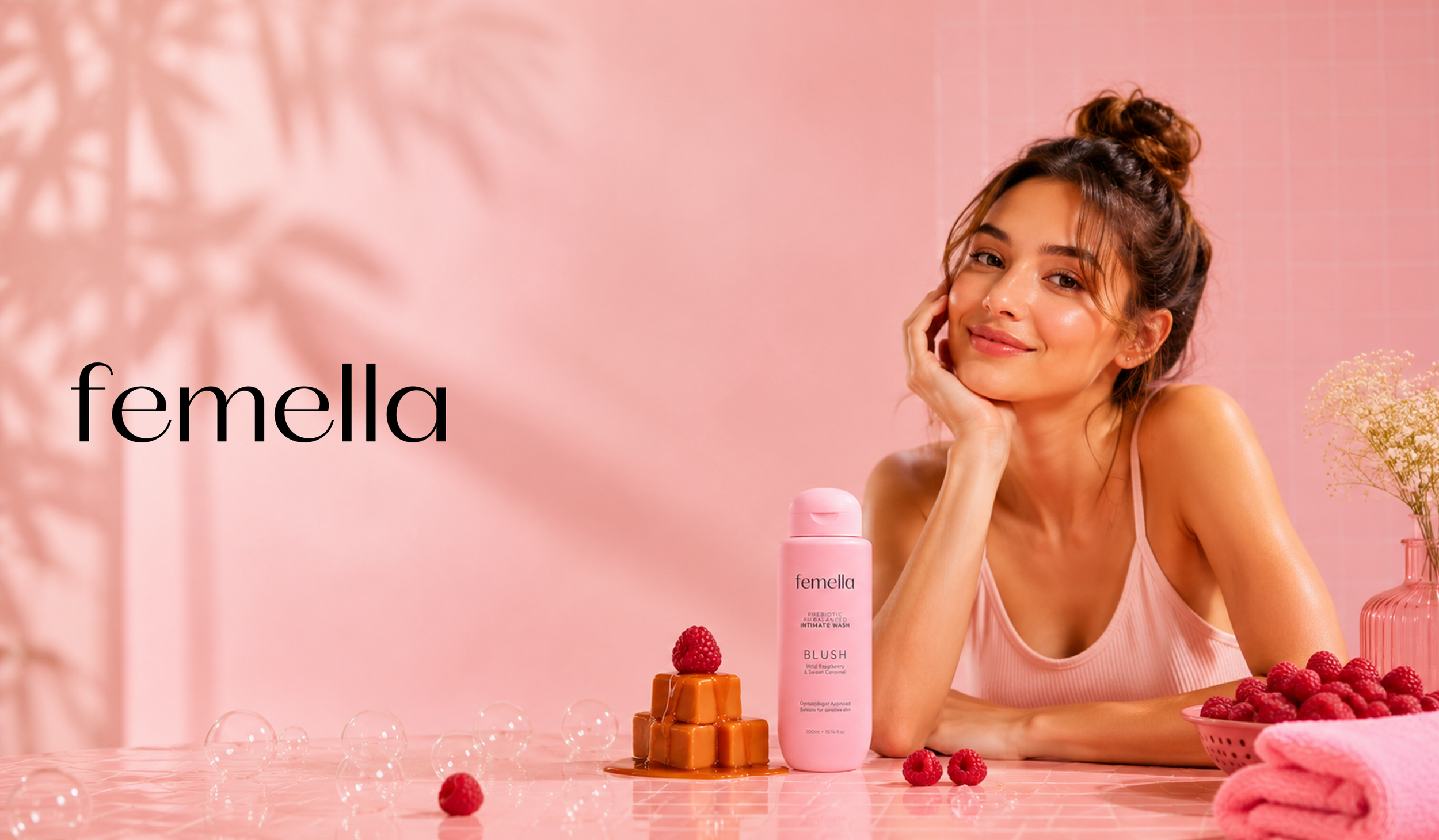 Young woman with wavy hair tied in a bun, smiling at the camera, sitting at a pink table with skincare products, raspberries, and desserts on a pink background.