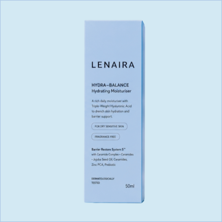 Blue box of LENAIRA Hydra-Balance Hydrating Moisturizer for dry sensitive skin, 50ml.