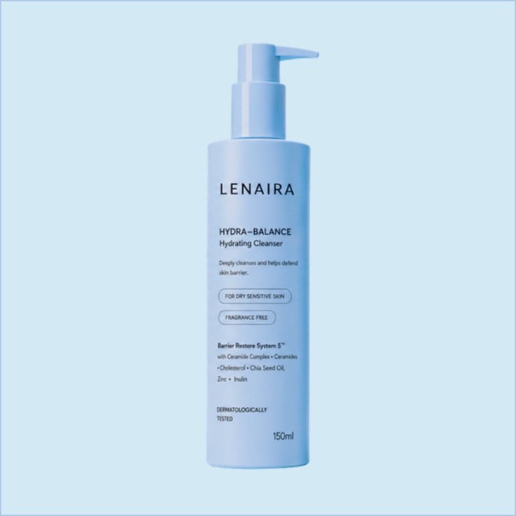 A bottle of Lenaire Hydra-Balance Hydrating Cleanser for dry sensitive skin with a pump dispenser on a light blue background.
