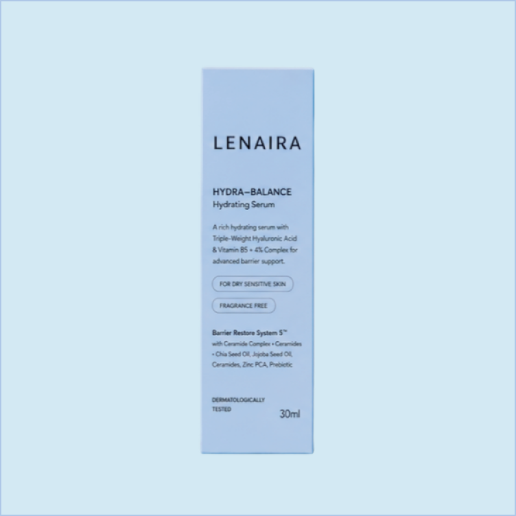 Bottle of LENAIRA Hydra-Balance Hydrating Serum with detailed product information on the label.