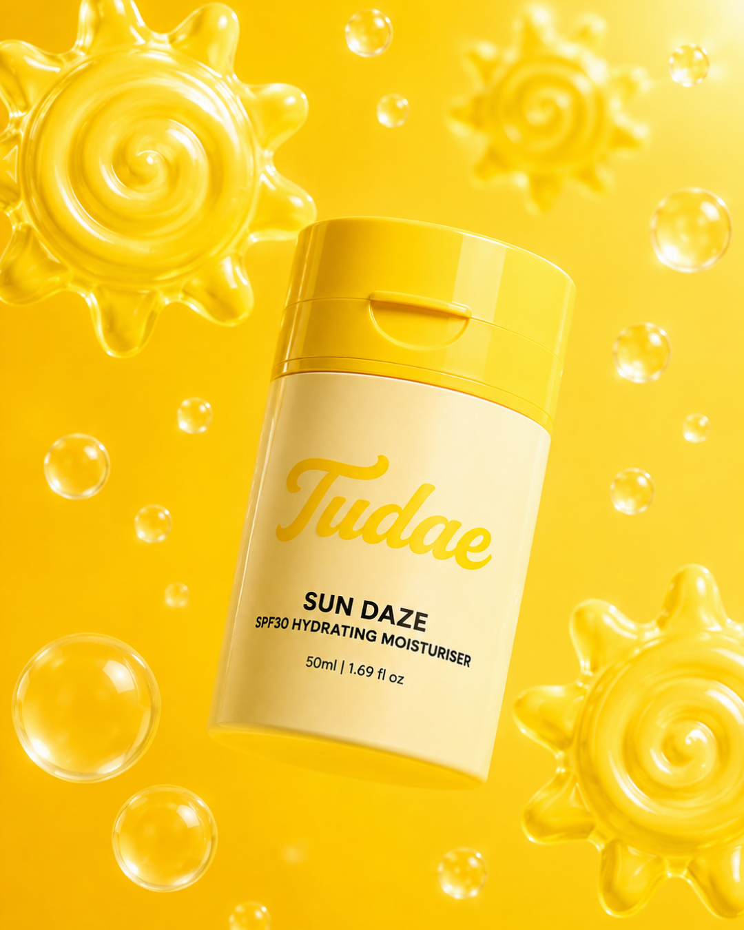 A white bottle with a yellow cap labeled 'Tudae' and 'Sun Daze SPF 80 Hydrating Moisturiser', set against a purple background.
