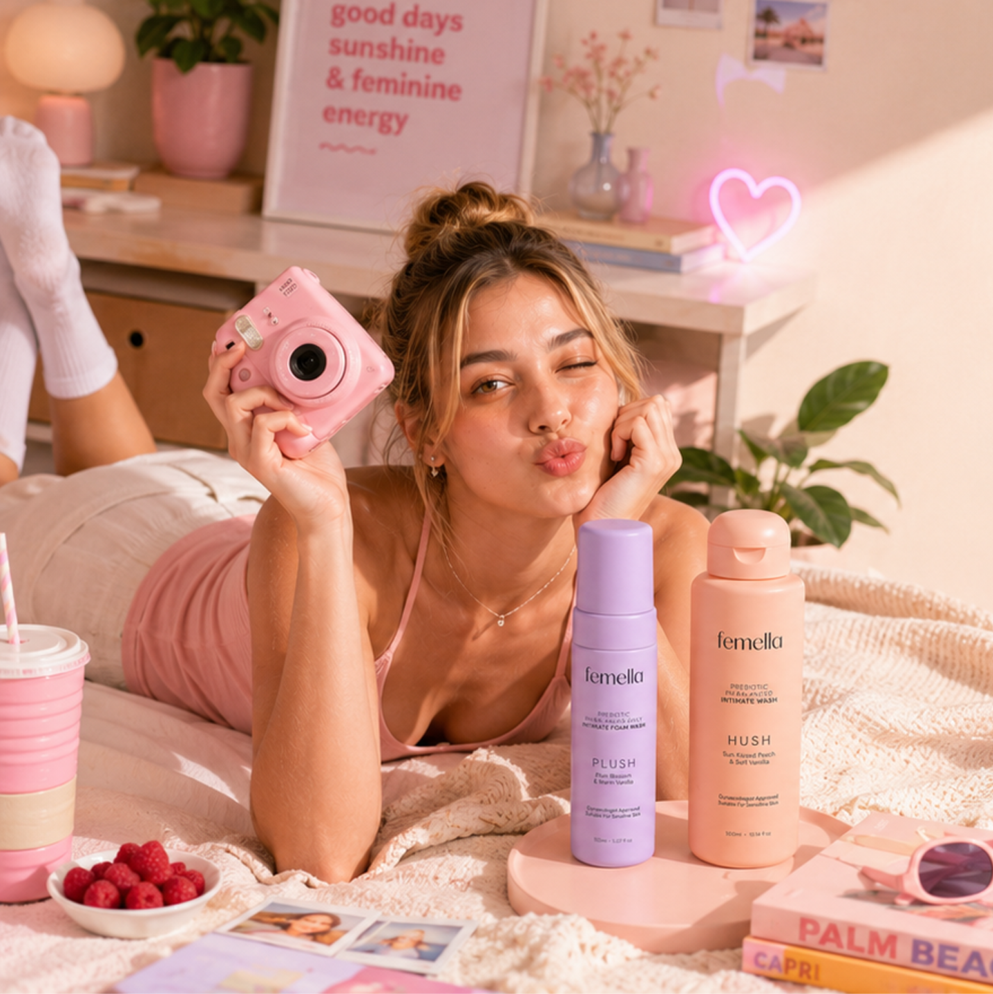 A woman lying on her stomach on a bed, holding a pink instant camera, making a kissy face. She has blonde hair styled in a bun and wears a pink camisole. The bed is decorated with pink and cream-colored items, and there are skincare products, a bowl of raspberries, and photographs on the bed. In the background, pink decorative items and a framed motivational quote are visible.