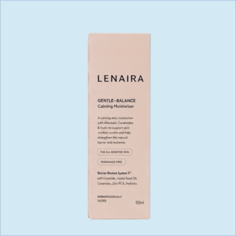 Pink box of LENAIRA Gentle Balance Calming Moisturiser on light blue background.