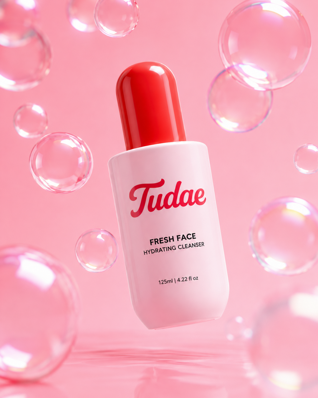 A pink bottle of Tudaae Fresh Face Hydrating Cleanser with a red cap, against a purple background.