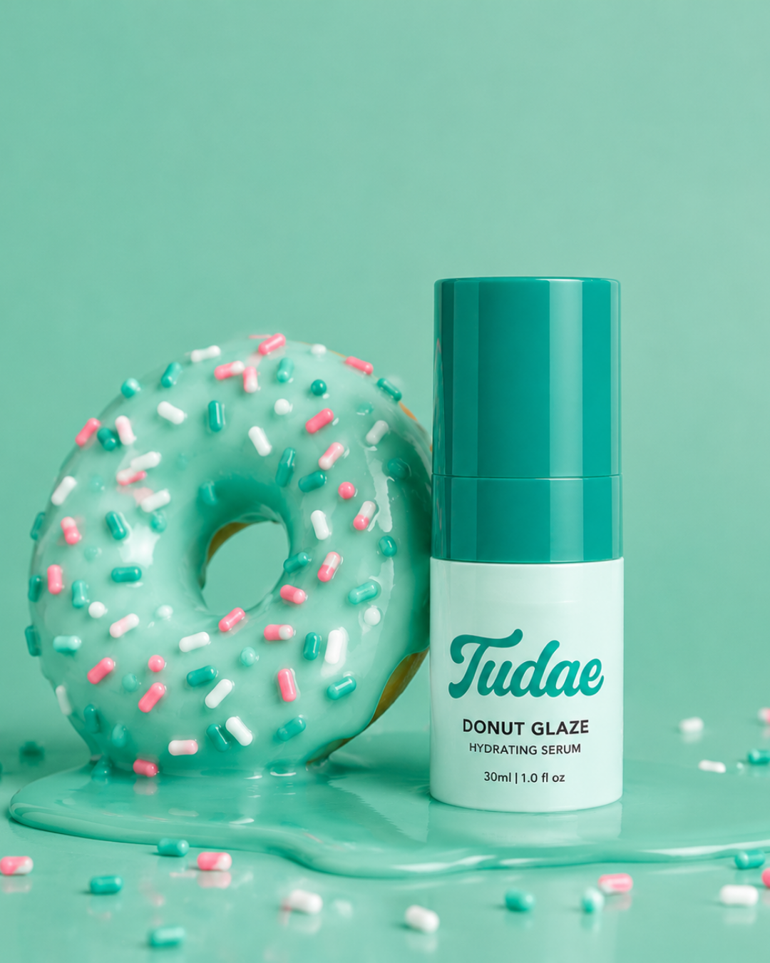 A mint green and blue bottle of Tudea Donut Glaze hydrating serum against a purple background.