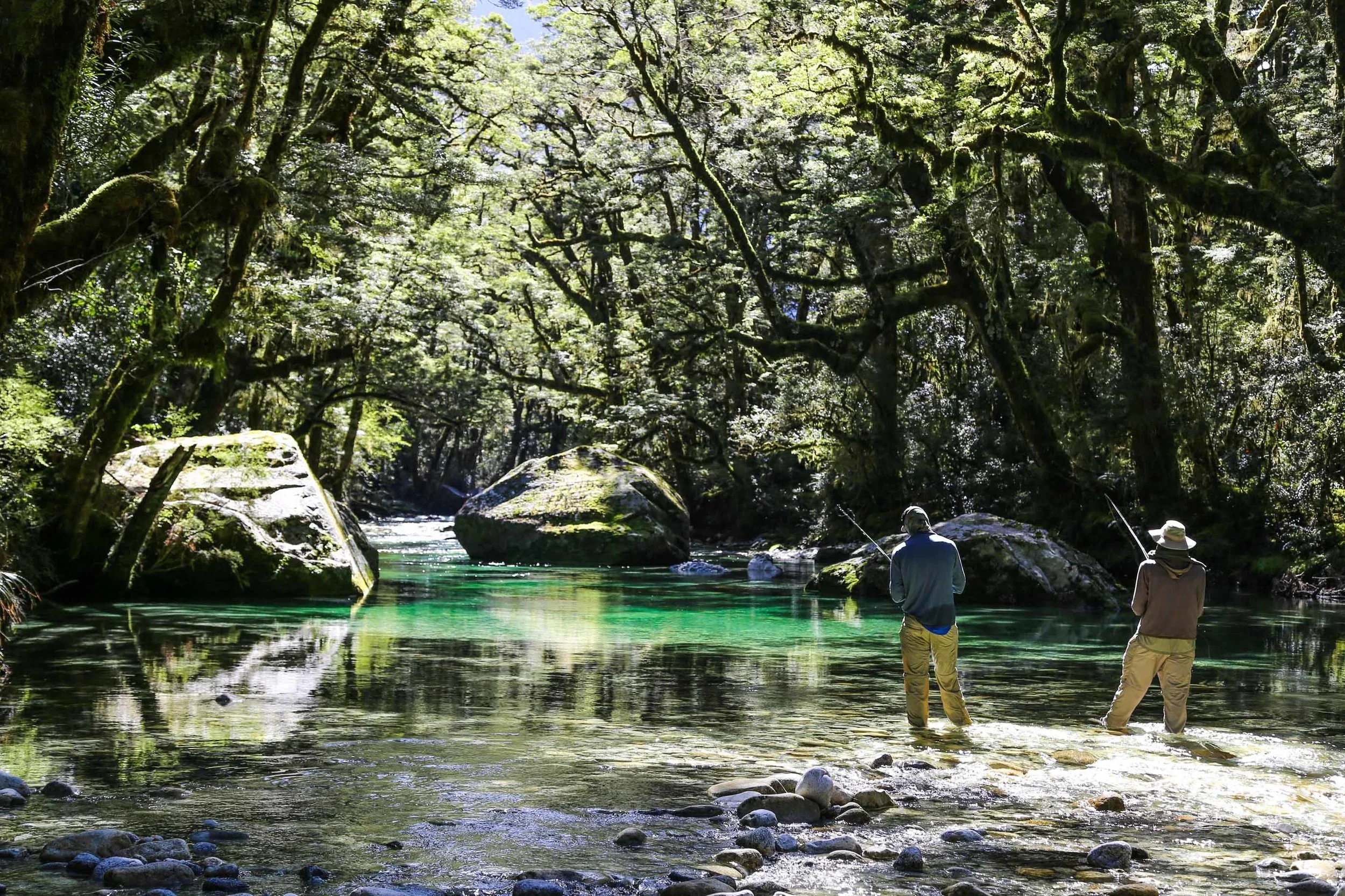 Two people fishing in a clear, green river surrounded by lush, moss-covered trees in a dense forest.