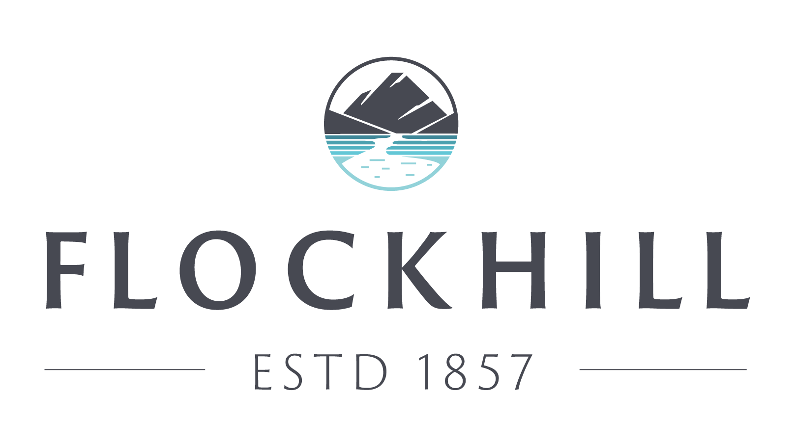 Logo for Flockhill featuring mountain, water, and road illustration, with the text "Flockhill" and "Estd 1857".