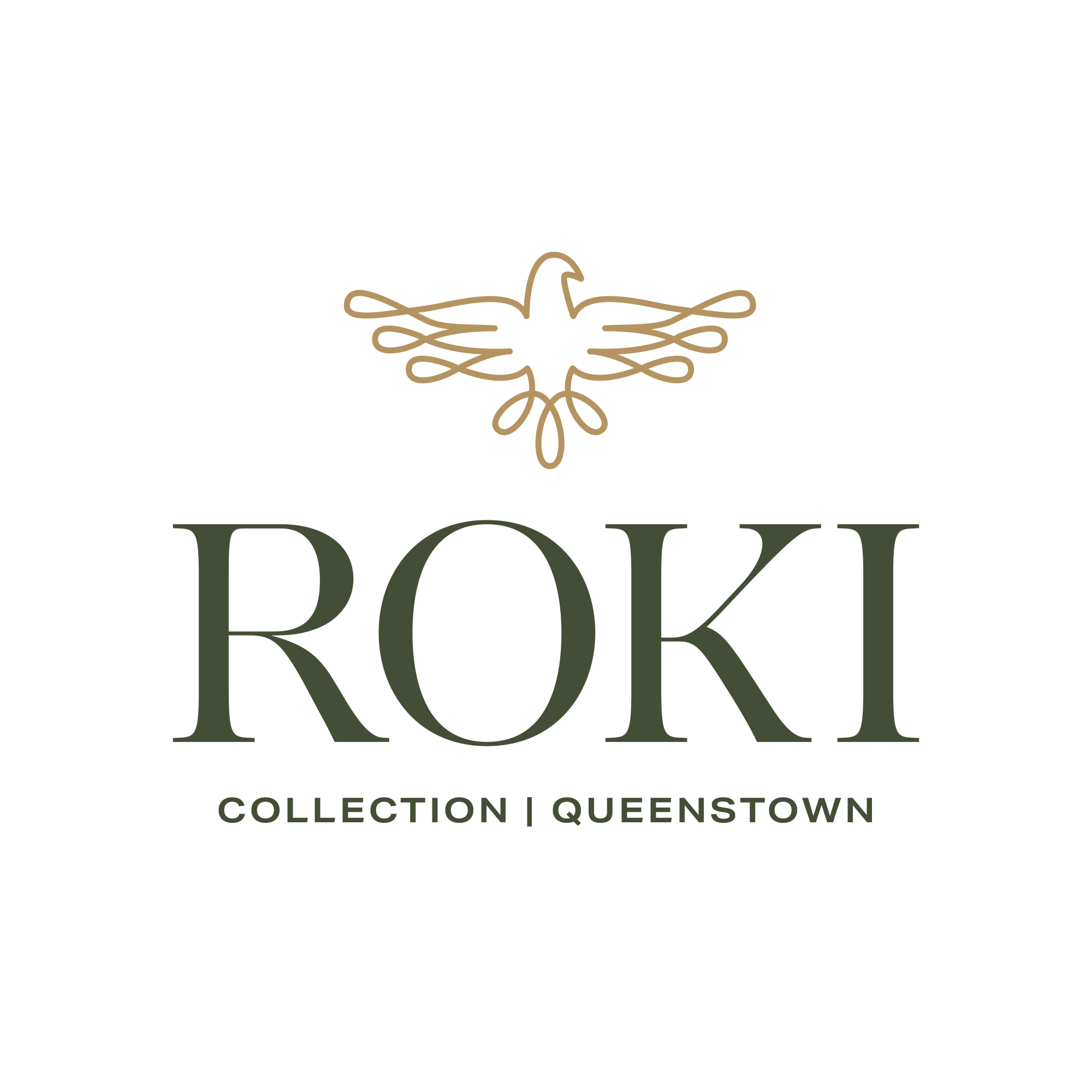 Logo for the Collection Queenstown, featuring a stylized bird in beige color with spread wings above the text 'Collection Queenstown' in green.