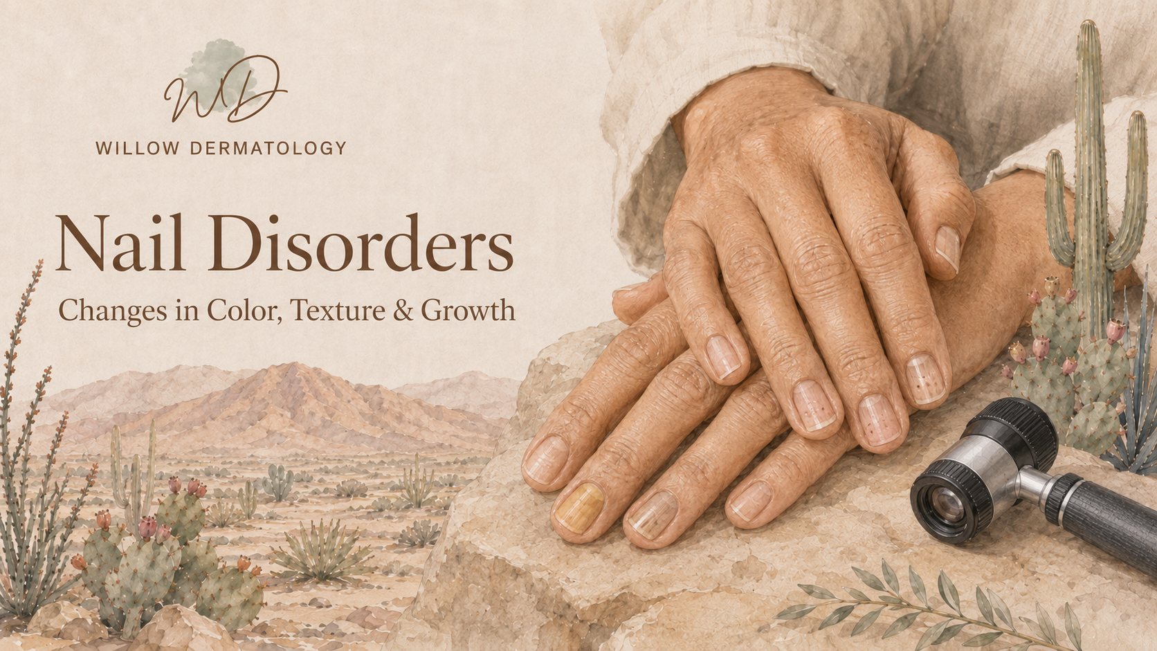 Close-up of dried, aging hands resting on a rock with cactus plants and desert mountains in the background, alongside a small binoculars. The image is part of a banner for Willow Dermatology about nail disorders and changes in color, texture, and growth.