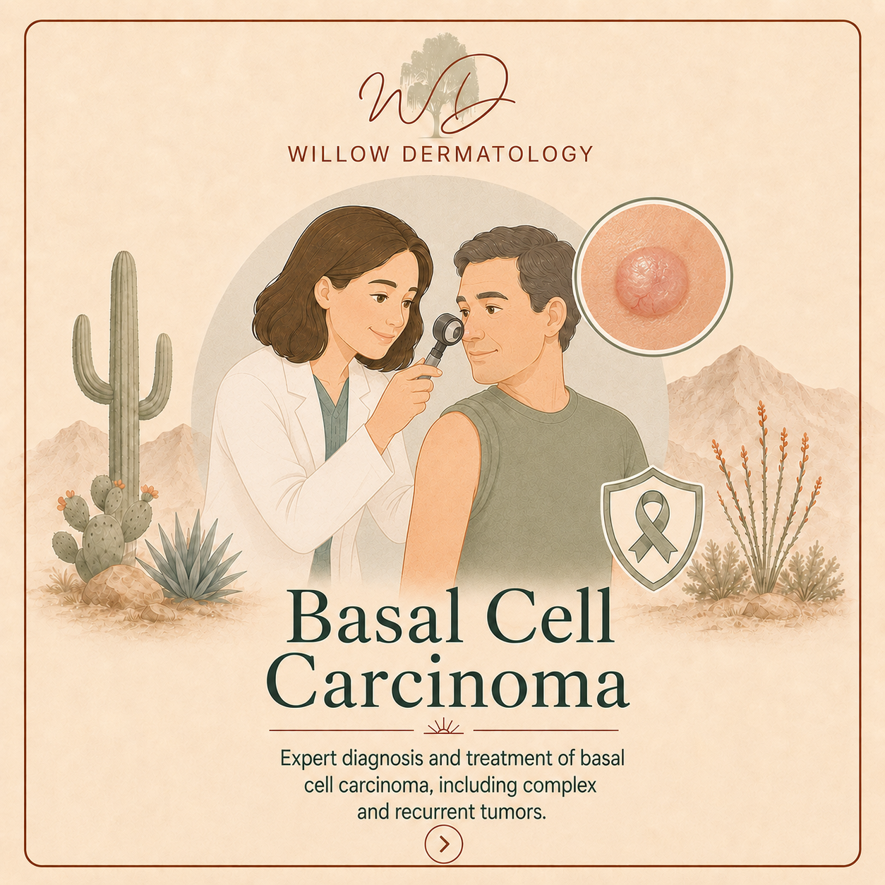 Illustration of a dermatologist examining a male patient's shoulder for basal cell carcinoma in a desert landscape background with cacti and mountains. The image includes a close-up of a skin lesion, a shield with a cancer ribbon, and text about basal cell carcinoma diagnosis and treatment.