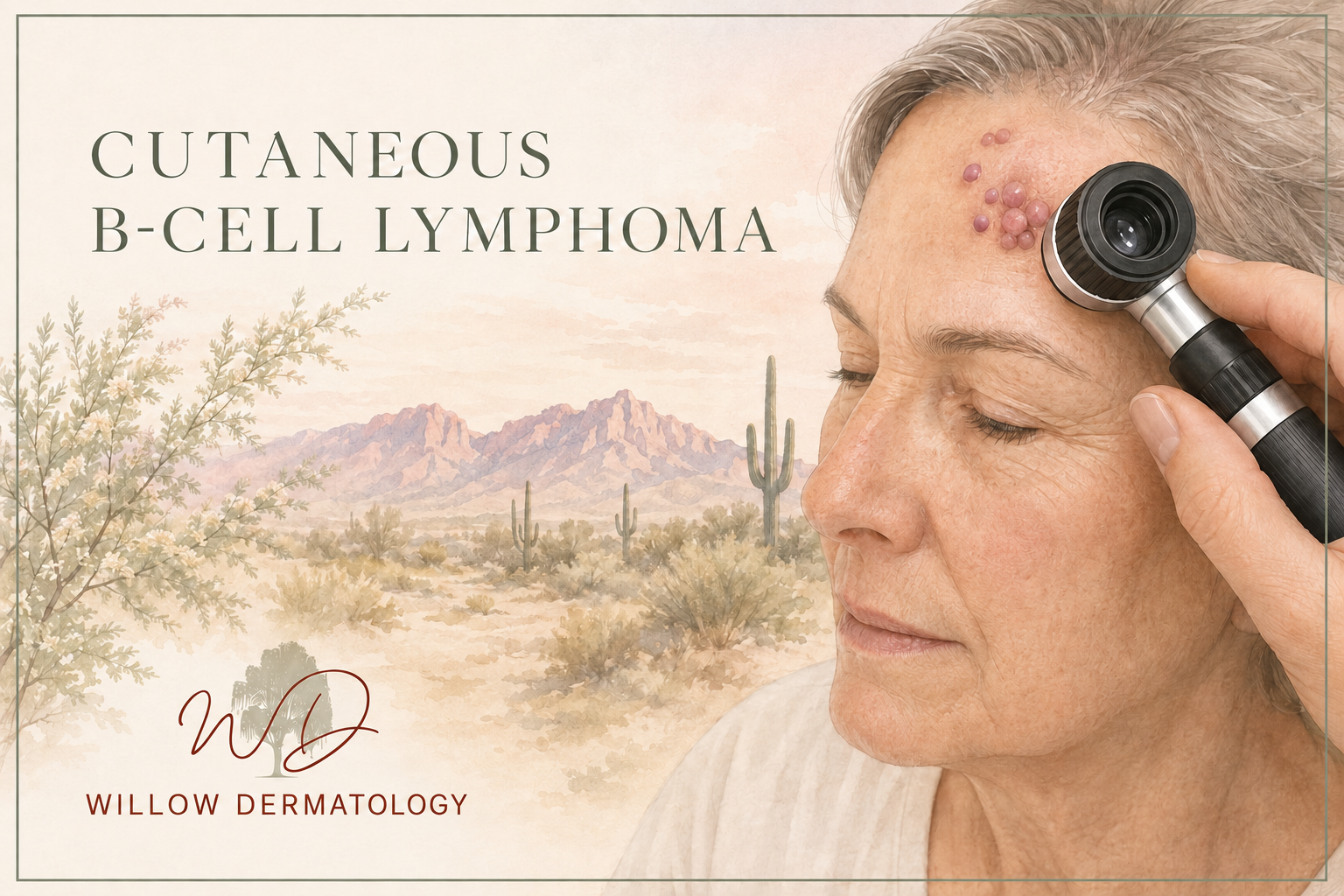 A woman with skin abnormalities on her forehead is examined with a skin scope by a dermatologist. The background features a desert scene with mountains and cacti, and the text reads 'Cutaneous B-Cell Lymphoma'.