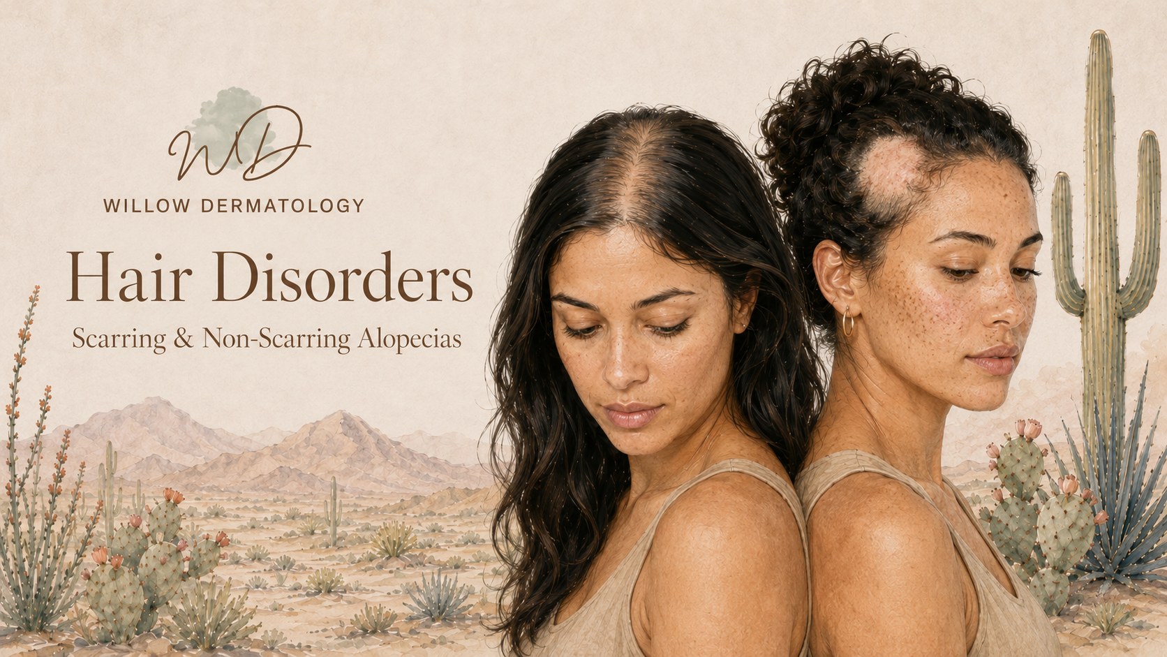 Two women with curly hair and freckled skin look down, overlapping each other, in front of a desert landscape with cacti and mountains. The text reads 'Willow Dermatology Hair Disorders Scarring & Non-Scarring Alopecias'.