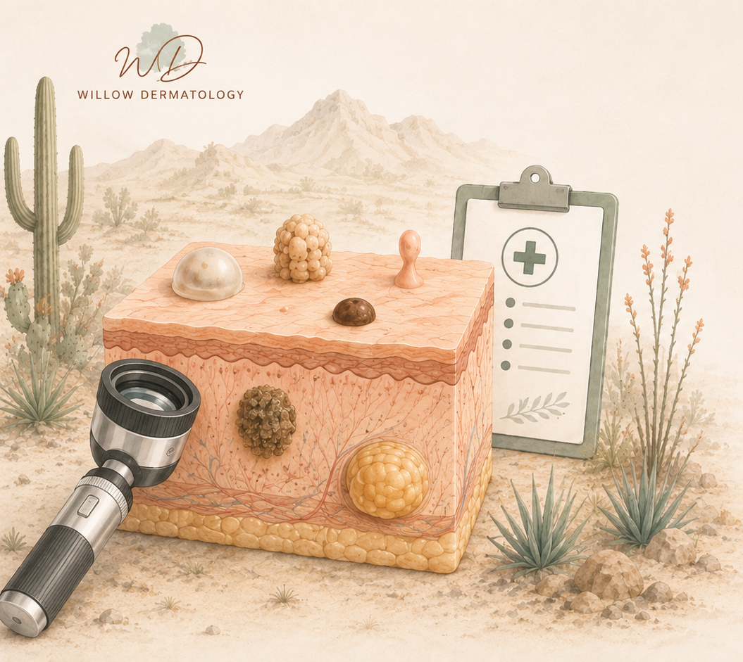 Illustration of skin layers with various skin cells and a magnifying glass, desert background, Willow Dermatology logo and medical clipboard.