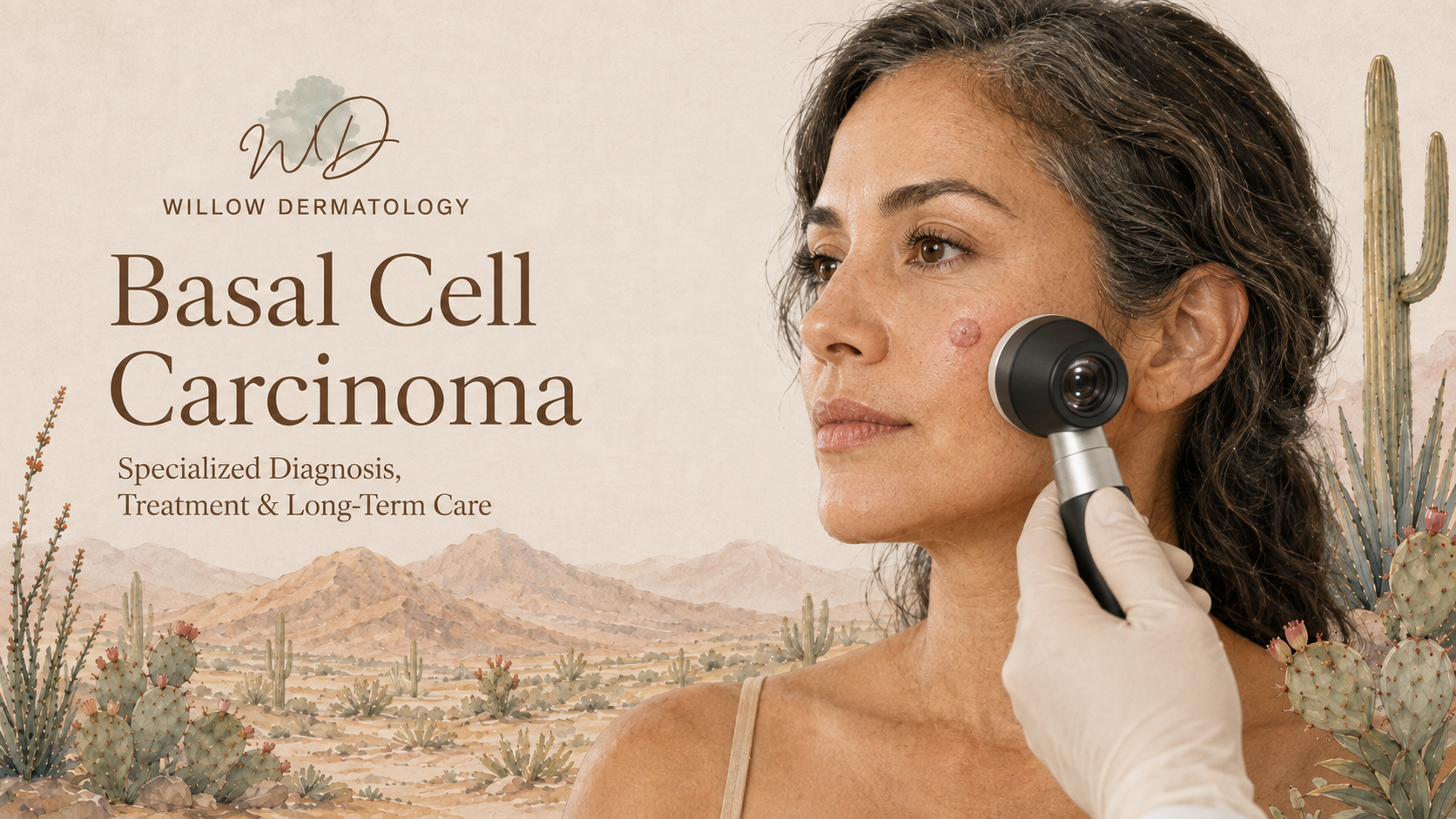A woman receives a skin examination with a dermatoscope in front of a desert backdrop with cacti and mountains. Text on the left reads "Willow Dermatology, Basal Cell Carcinoma, Specialized Diagnosis, Treatment & Long-Term Care."