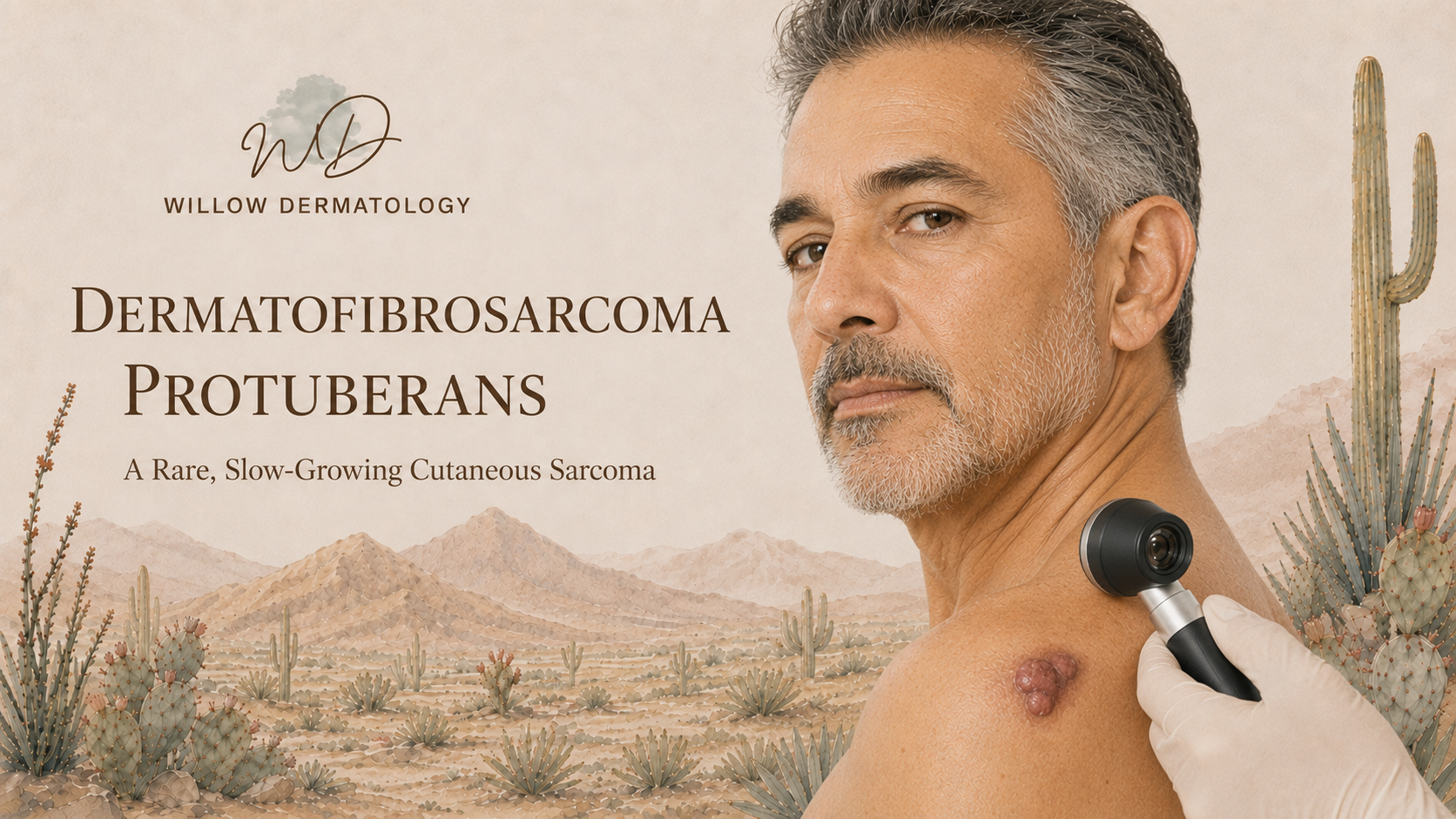 Advertisement for Willow Dermatology showing a middle-aged man with gray hair and beard, receiving a skin scan with a dermatoscope on his shoulder. The background features desert mountains and cacti, with text about a rare slow-growing cutaneous sarcoma called dermatofibrosarcoma protuberans.