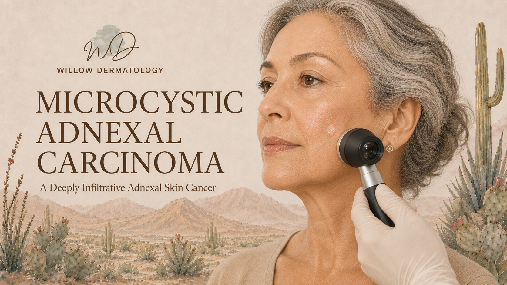 A promotional image for Willow Dermatology showing a mature woman undergoing a skin scan with a handheld device, with a desert landscape background and text about microcystic adexal carcinoma.