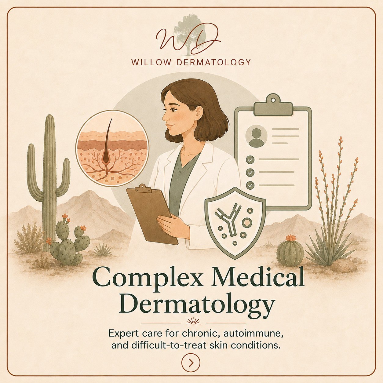 Illustration of a female dermatologist holding a clipboard, with background elements including cacti and mountains, a skin diagram, medical icons, and the text "Complex Medical Dermatology" with a subtitle about expert care for difficult skin conditions.