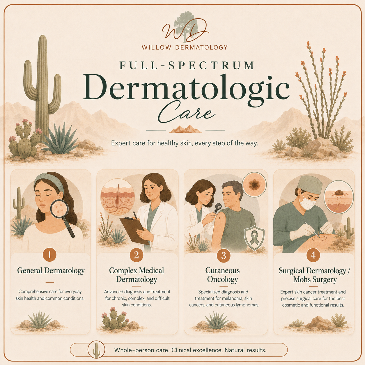 A promotional poster for Willow Dermatology promoting full-spectrum dermatologic care, featuring desert-themed illustrations and four icons representing general dermatology, complex medical dermatology, cutaneous oncology, and surgical dermatology/Mohs surgery, with descriptions of each service.