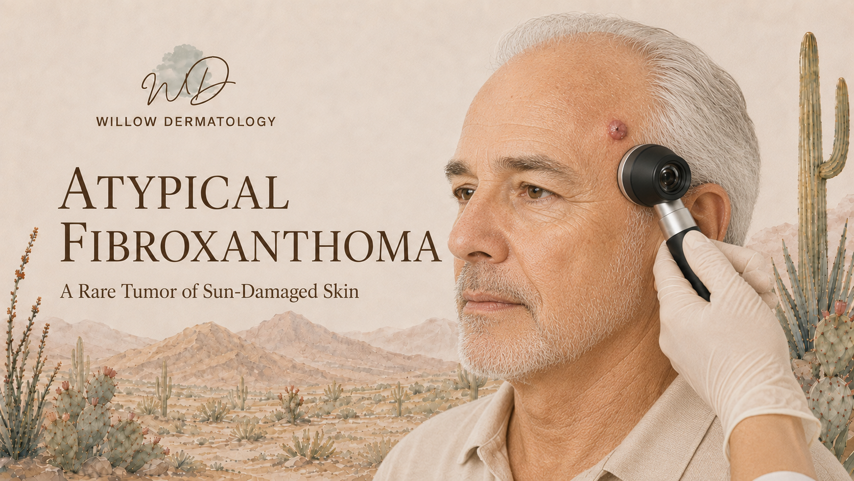 An elder man with sun-damaged skin is being examined with a dermatoscope by a healthcare professional wearing gloves. The background features desert landscape and cacti, and the text reads 'Willow Dermatology, Atypical Fibroxanthoma, A Rare Tumor of Sun-Damaged Skin.'