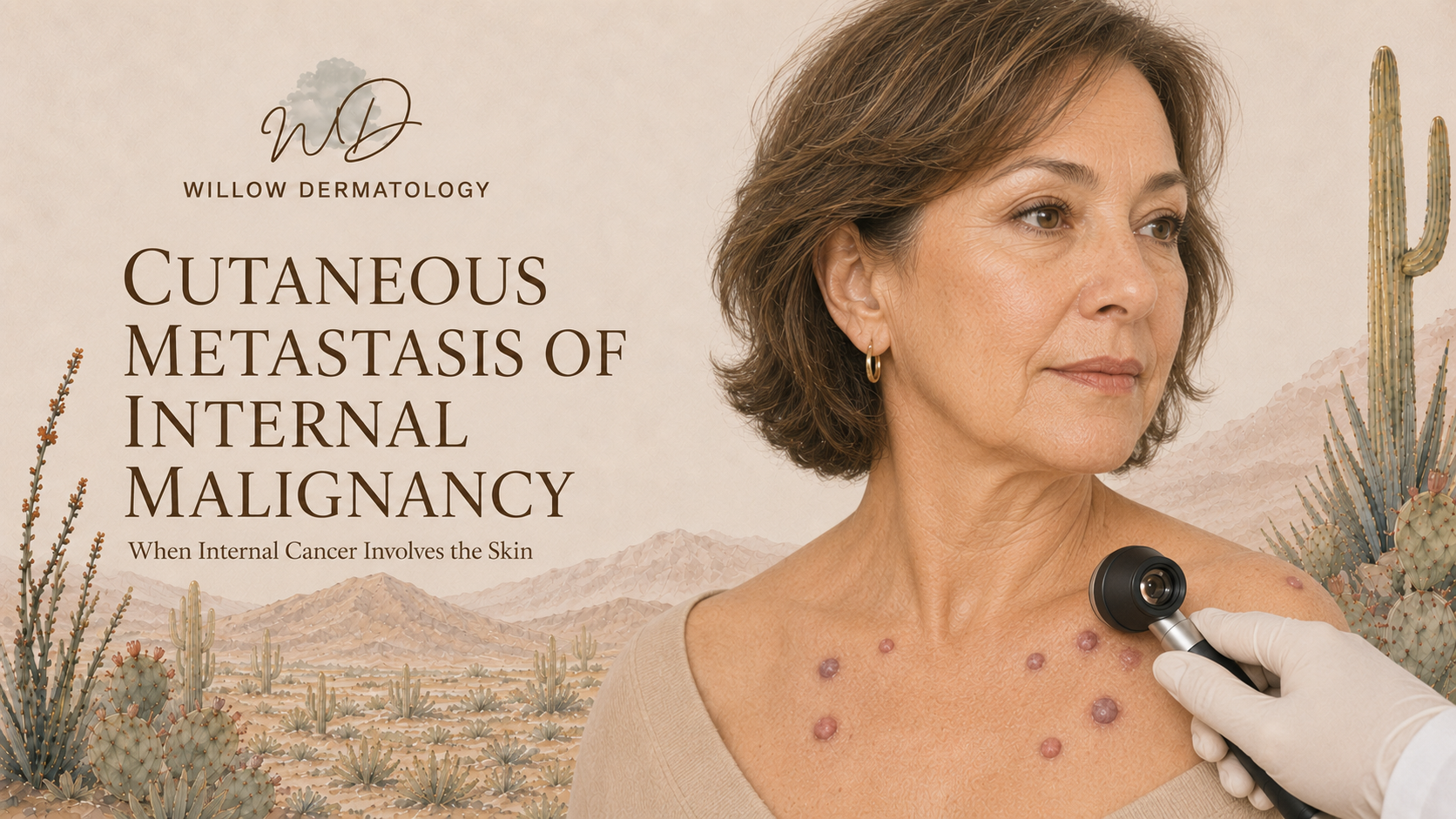 An advertisement showing a woman with brown hair and earrings, having skin examination for cutaneous metastasis of internal malignancy. The background features desert plants and mountains, with the text 'Willow Dermatology' and information about skin involvement in internal cancer.
