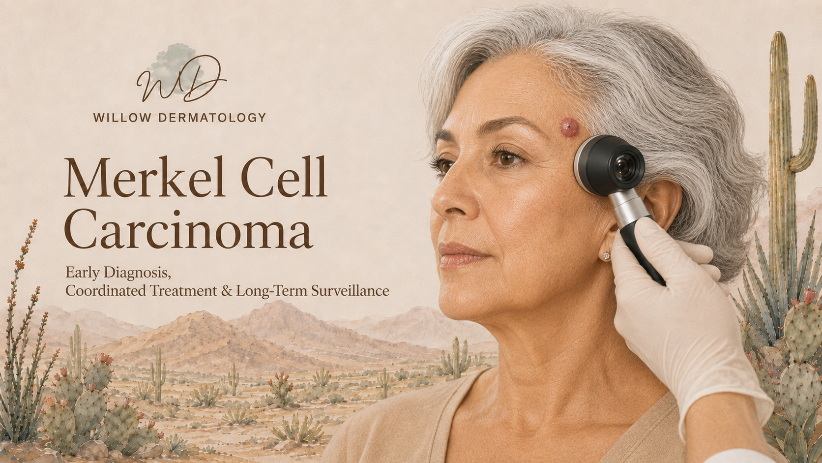 A doctor uses a dermatoscope on a senior woman's face, with desert landscape and cacti in the background, and text about Merkel Cell Carcinoma awareness and treatment.