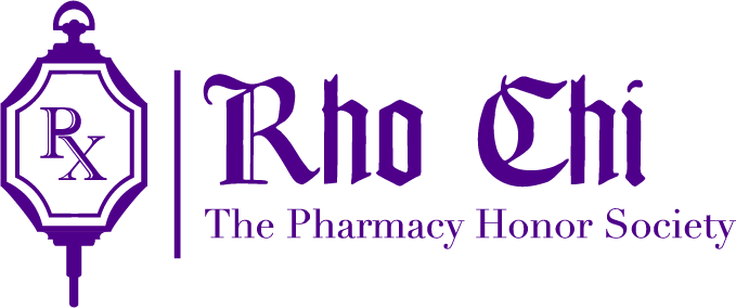 Logo of Rho Chi, the Pharmacy Honor Society, in purple with a pill and prescription symbol.